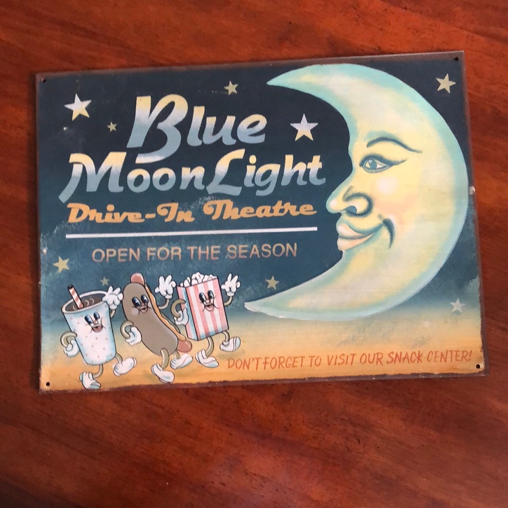 BLUE MOONLIGHT DRIVE-IN THEATRE Vintage Style Anthropomorphic Metal Sign